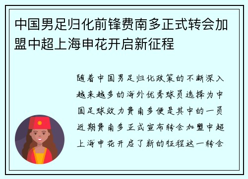 中国男足归化前锋费南多正式转会加盟中超上海申花开启新征程