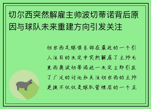 切尔西突然解雇主帅波切蒂诺背后原因与球队未来重建方向引发关注
